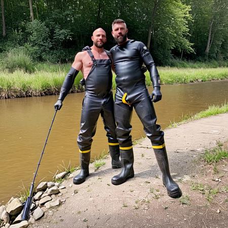 three male fisherman, next to a river, throwing the fishing rod into the water. They have a muscular body,big muscles,chubby,,shaved,young, tall,huge muscles,,  handsome,big bulge. They are wearing a black wetsuit,black rubber long gloves and black chest waders rubber boots with yellow strip. kissing, hugging,lying on the floor,DIRTY RUBBER BOOTS