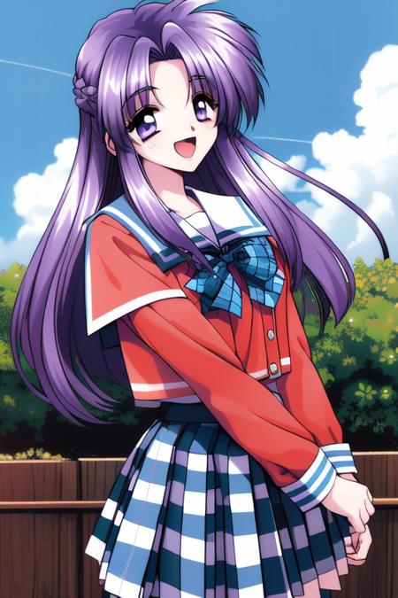 <lora:Akumu95_AoiKajitsunoSange:0.8>, akumu,  school uniform, long hair,  long sleeves, open mouth, purple hair,  plaid, smile, medium_breasts, 
blue_sky, school, cowboy Shot,
1990s \(style\), masterpiece, high quality, very_high_resolution, large_filesize, full color,