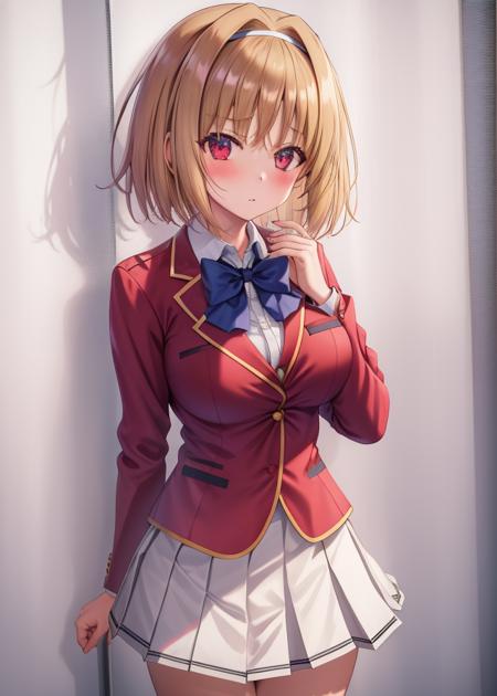 <lora:Kushida_Kikyou-10:0.7>,1girl, solo, red eyes,blush,short hair, blonde hair, large breasts, long sleeves, bow,school uniform, jacket, white shirt,pleated skirt, hairband, collared shirt,miniskirt, bowtie, black bow, buttons, blue bow, hair intakes, blazer, white skirt, red jacket, white hairband,hair intakes,