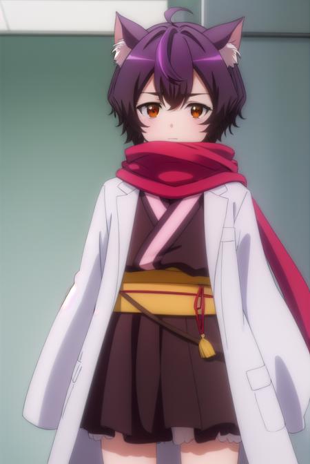 origacalmeria, <lora:origa calmeria s2-lora-nochekaiser:1>,
origa calmeria, short hair, purple hair, animal ears, (brown eyes:1.5), ahoge, cat ears, cat girl,
BREAK tail, japanese clothes, scarf, cat tail, sleeves past wrists, sleeves past fingers, labcoat, bandaged leg,
BREAK indoors,
BREAK looking at viewer, (cowboy shot:1.5),
BREAK <lyco:GoodHands-beta2:1>, (masterpiece:1.2), best quality, high resolution, unity 8k wallpaper, (illustration:0.8), (beautiful detailed eyes:1.6), extremely detailed face, perfect lighting, extremely detailed CG, (perfect hands, perfect anatomy),