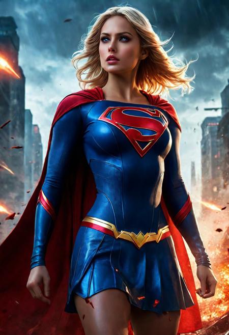 High resolution ultra-realistic of Beautiful Supergirl fighting against alien invasion, cinematic style, standing on a bloody and stormy battlefield in a fighting pose, bloody massacre, realistic blue combat costume, red mini skirt, red cape, perfect athletic figure, wavy blonde hair, handsome dirty bloody face, beautiful perfect detailed pupils, wet oily shiny skin,covered in dirty and blood, beautiful firm Breasts, defiant and seductive, attractive 21 year old girl, 8k resolution concept art portrait by Greg Rutkowski, Dark Gotham City, Artgerm, WLOP, Alphonse Mucha, dynamic lighting, hyperdetailed, intricately detailed, Splash art trending on Artstation triadic colors, Unreal Engine, 5 volumetric lighting, Cinematic Lighting, intricate, smooth, sharp focus digital painting, Asymmetrical Balance, painting, dynamic lighting