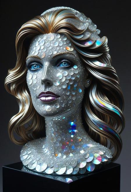 sculpture of woman's head, mounted on a plinth made of cd's, mid 40s age, mature face, long flowing hair, stunning beauty, substantial ornate diamond crystal choker fitted to sculpture, opulent study, layering outline with zirconia light, intricate, hyper-detailed, professional photoshoot, ultra-sharp, vivid colors, dark lighting, 50mm lens,