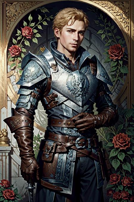 AlistairDA, armor, 1boy, solo, weapon, flower, male focus, sword, rose, holding, blonde hair, sheath, gloves, brown gloves, red flower, belt, sheathed, red rose, holding weapon, breastplate, looking at viewer, scabbard, chainmail
<lora:epi_noiseoffset2:1>,  <lora:AlistairDA:0.7>