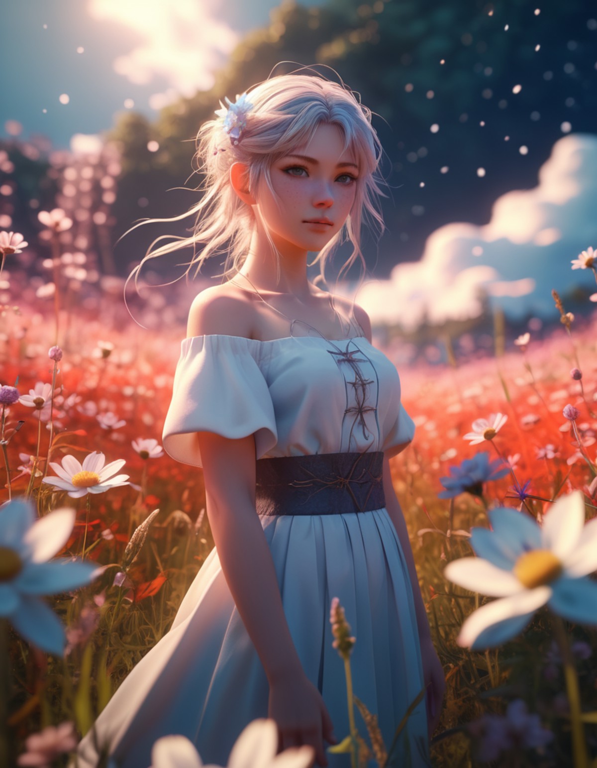 a close-up render of a peaceful anime woman on a magical fantastical meadow,  cinematic,  intricate