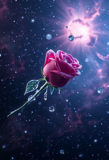 concept art, digital art, deep space, galaxy on a background, nebula, frozen rose flying in open space, subsurface scattering, ray tracing, frozen drops of water, zero gravity