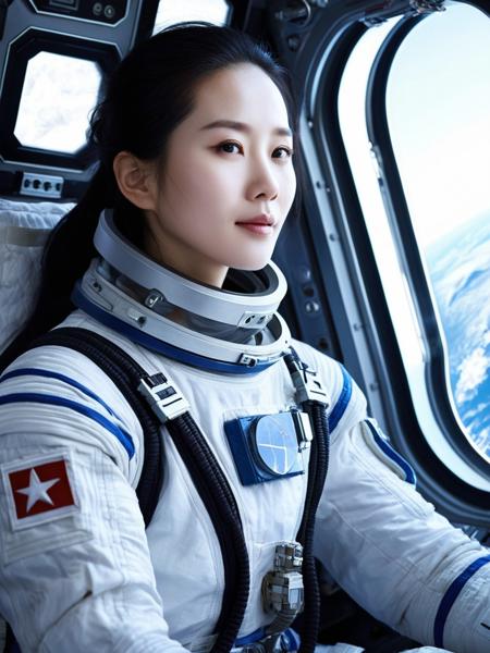 realistic, Skin Textures, High Resolution, liushishi woman,,stunning beautiful, <lora:liushishi_noej_JuggXL_2-000015:0.6>, as a astronaut, in A place full of my ancestral past and several vessels with trapped souls