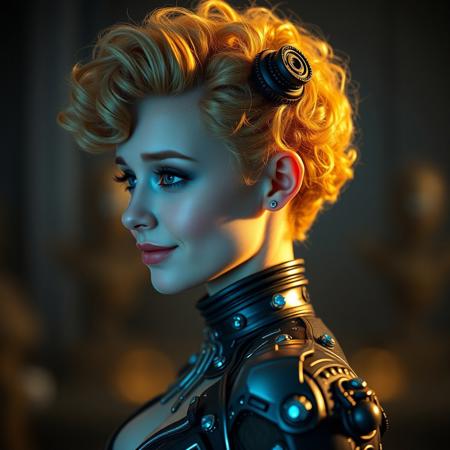 masterpiece, hyperrealistic, epicRealism, UHD, 8k, (best quality, ultra-detailed), ((low depth of field)), realistic lighting, side view, 1girl, 1female, short, slutty, petite, skinny, curly ginger hair, smile,, high quality, ultra detailed, colorful, a woman with gold-toned face with blonde hair in flamboyant puffs at each ear, view from the side, she has arch piquant features toned nacreous silver and wore her hair in a dark nimbus of ten thousand tiny varnished spikes, striking blue eyes, ,delicate, blush, youthful and innocent, wistful and sad,  wearing a futuristic black and silver outfit with ample cleavage and decorated withe sparkling sets of blue gems