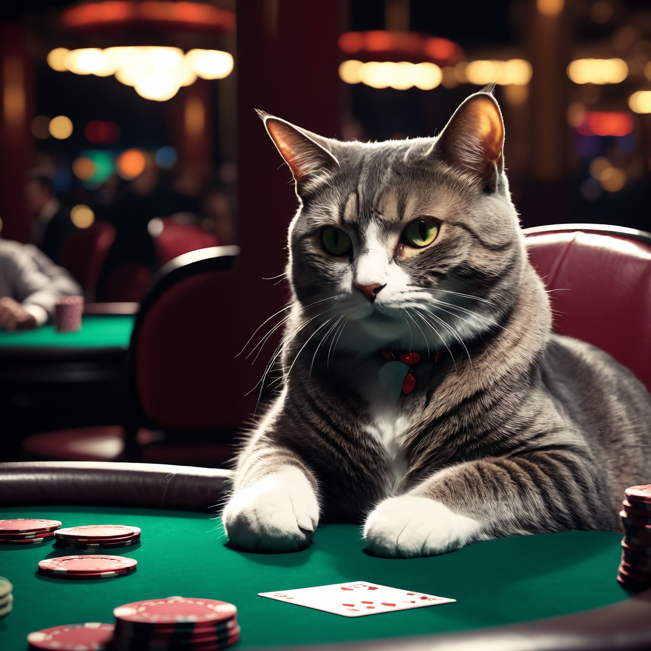 1 cat plays poker in a casino
photography, best quality, medium shot, (masterpiece:1.2), (best quality:1.2), newest, ai-ge...