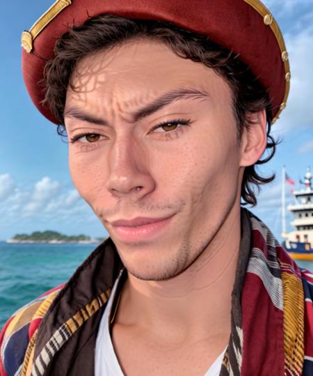 (close up:1.2), (kazuya) , solo, 4K, as a (pirate:1.1), ragged clothes, baggy clothes, pirate hat, ship in background, beach, HQ, highres
 <lora:Kazuya2:0.75>