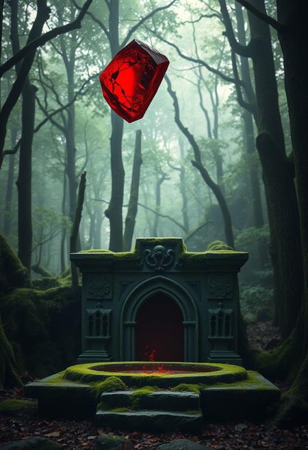 A shimmering red crystal floating above an ancient, moss-covered stone altar in a dense, enchanted forest.
