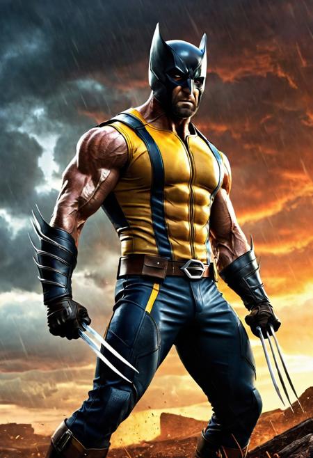 High resolution ultra-realistic of Beautiful Wolverine/Logan, cinematic lighting, Marvel style, Wolverine vs X-23 stand side by side in battle pose on a bloody and stormy battlefield, 8k, realistic modern Wolverine X-Men yellow and black combat costume, gazing straight ahead, dirty face, realistic brown eyes, full body, ultra realistic, cinematic style, athletic figure, day lighting, sharp focus, digital painting, Photograph Taken on Nikon D750, Alphonse Mucha, Hyperdetailed, hyperrealism, aesthetics reminiscent of X-Men, Attractive, asymmetric balance