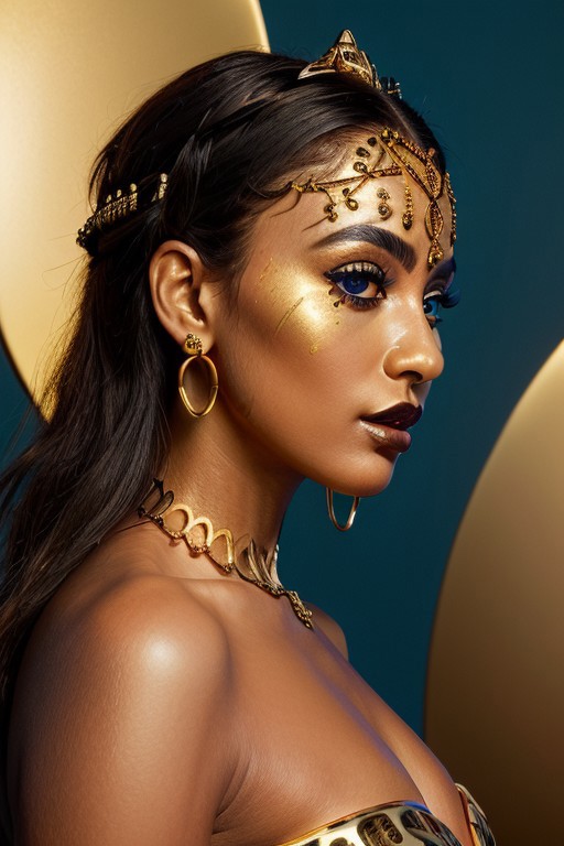 Imagine a hyper-detailed portrait of a woman with azure red skin, her face decorated with gold tribal patterns that swirl and curve around her eyes, cheeks, and neck. The golden motifs are complex, with lines, dots, and spirals that add texture and depth to her visage. Her lips are painted with a deep metallic color that harmonizes with the golden details on her skin. She wears a prominent headdress of silver, adorned with dangling ornaments that add movement and contrast to the stillness of her face. Large, elegant gold hoop earrings complement the tribal-inspired design, and her eyes are framed with dramatic golden eye shadow and long, defined lashes. The lighting is soft yet focused, highlighting the gold’s shimmer and the matte finish of her blue skin, lending a realistic touch to this ethereal composition. This photorealistic image fuses ancient cultural elements with a modern style, creating a mesmerizing effect, front view, from below,