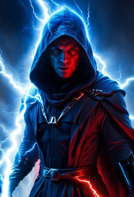 score_9, score_8_up, score_7_up, score_6_up, score_5_up, score_4_up, (absurdres, best quality, masterpiece:1.4), illustration, photorealistic, cinematic lighting, dynamic angle, perfect composition, hooded figure, force lightning, blue sparks, intense focus, dark side energy, dramatic lighting, red and blue contrast, power aura, menacing expression, Sith powers