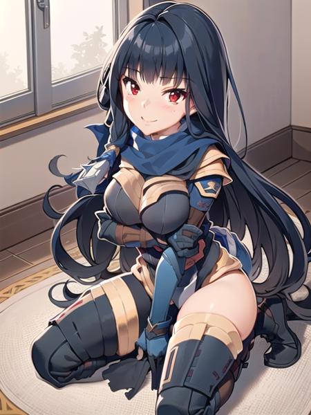 (ultra detailed),(masterpeace),(best quality),(photorealistic),CG,(colour:1.2), beautiful lighting,light from the front,official art,indoors for Japanese-style room,solo, <lora:momochitanba:1>,momochitanba,smile,black hair,long hair,ninja,navy blue suite,red eyes,navy blue scarf,