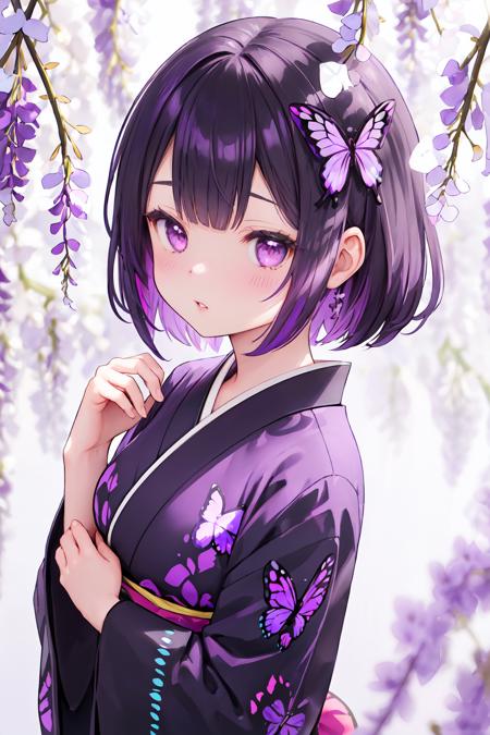 1girl,  kochou shinobu,  wisteria,  solo,  butterfly,  bug,  purple eyes,  flower,  hair ornament,  purple hair,  portrait,  black hair,  butterfly hair ornament,  demon slayer uniform,  short hair,  parted bangs,  multicolored hair,  bangs,  butterfly on hand,  blurry,  parted lips,  purple flower,  japanese clothes,  hand up