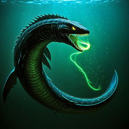 A terrifying sea monster emerging from dark waters, its massive serpentine or eel body coiled, body covered in bioluminescent markings that glow with an otherworldly light,bioluminescent, mouth agape. The creature has a gaping maw with long sharp teeth, head resembling a deep sea eel. Its body with a sleek, eel-like appearance. Glowing lime green tendrils or bioluminescent streaks along its body. The background suggests a misty,dark, otherworldly underwater space scene
, needle-like teeth. 
has dark deep blue scales,snake scales,his belly is black color, dark green fins,eyes glow neon light green color, has one eye each side of his head, has long snake-like body coiling ,has a long and wide translucence fin at end of its tail, has long and sharp dorsal fins on the top of its back
,has jagged gills behind its cheeks,
leviathan a sea monster
 (masterpiece), best quality, intricate detail, amazing quality, amazing shading,  gloomy colors, dark aura, horror,pitch black background,
<lora:night vision style:1>