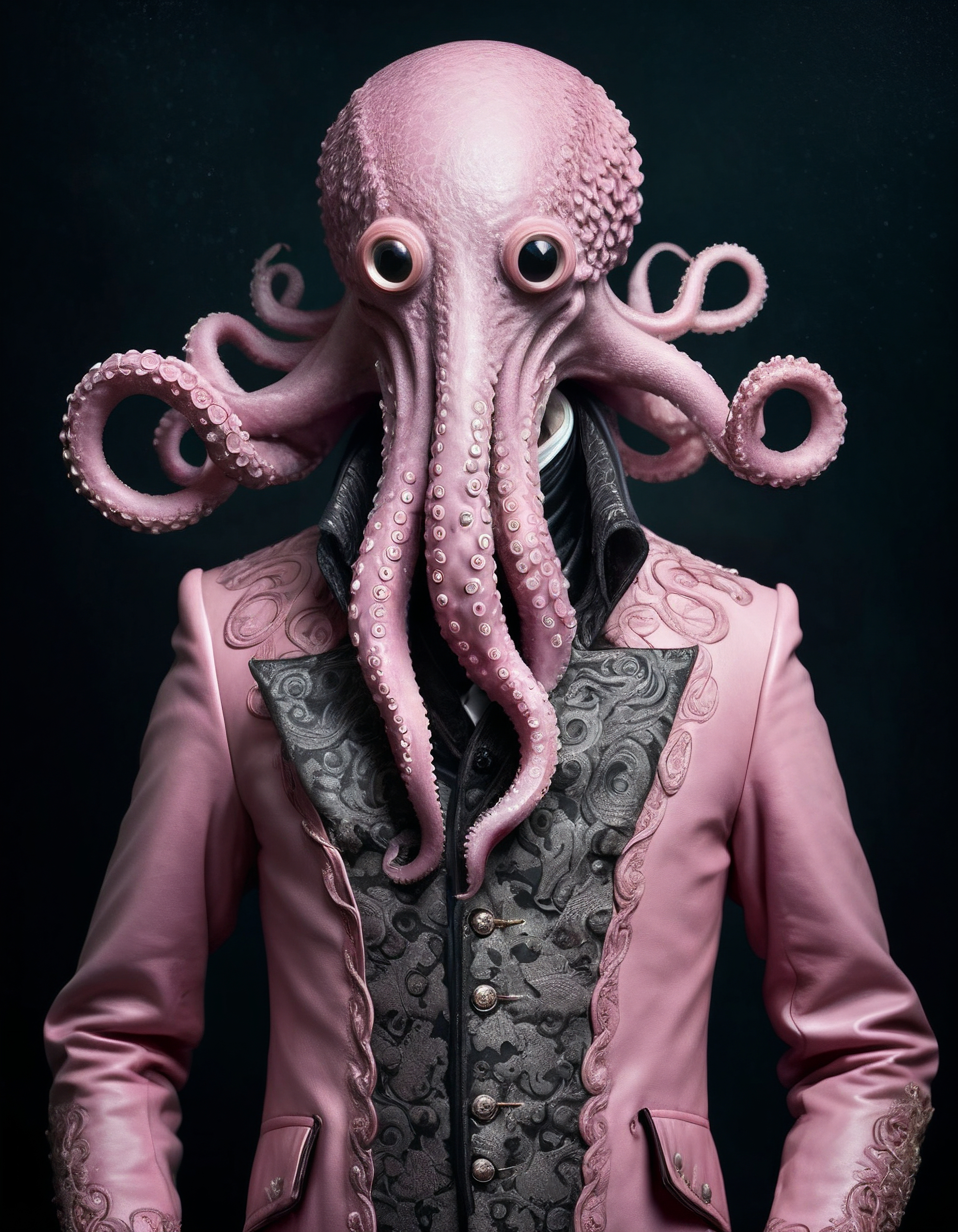 A person wearing a pink suit and a pink headpiece with octopus tentacles as part of the outfit.