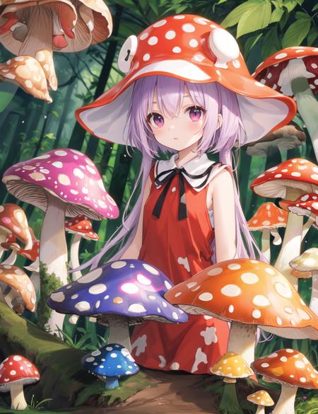 Forest after rain, Amazon rainforest, lots of tropical trees, palm trees, lots of giant mushrooms, lots of poison mushrooms, red and white spotted mushrooms, purple mushrooms, yellow mushrooms, white mushrooms, explosion mushrooms, charm mushrooms, fluorescent mushrooms
(monsterification:1.3), (1 giant mushroom_girl, wearing Spotted dress, spotted mushroom hair), (spotted mushroom hat:1.2)
(detailed light), (extremely delicate and beautiful), volume light, best shadow, flash, Depth of field, masterpiece, best quality,