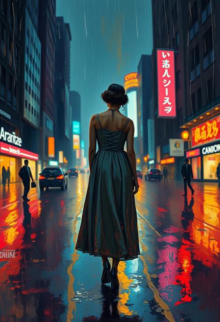 A woman in a vintage dress standing in a silent, cinematic silhouette, impressionist color explosion, rainy cityscapes, vibrant palette knife texture, moody atmosphere, solitary figures, high-contrast lighting, emotional abstraction, glowing reflections, bold color gradients, noir minimalism, stylized realism, expressive brushwork, wet pavement glow, urban melancholy, visual poetry, saturated impressionism, reflective surfaces, dramatic perspective, introspective tone