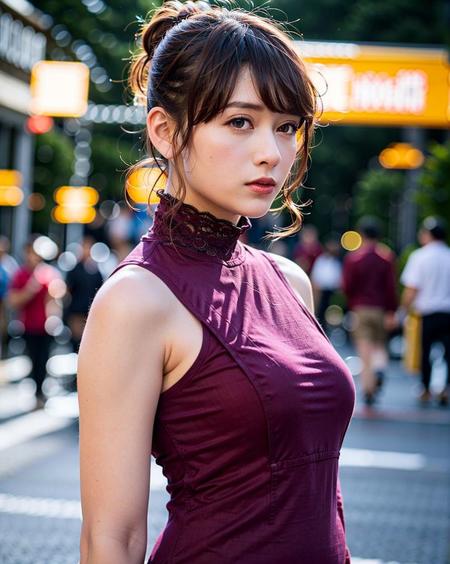 a woman posing on the street corner with red dress on, best quality, 1girl, large breast, day, bright, blur background, bokeh, outdoor, (street:0.8), (people, crowds:0.8), (elegant clothes, red high-neck clothes:1.2, red long sleeves dress: 1.5), gorgeous, (hair up:1.5),(floating hair:1.2), beautiful detailed sky, (dynamic pose:1), (upper body:0.8), soft lighting, wind, shiny skin,  sword, saber, <lora:TokuGirl_Reika_Mei_v1.0:0.65>