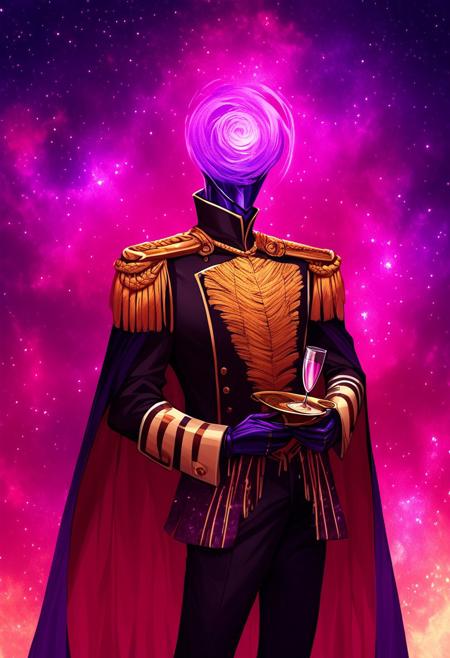 h3ad,object_head,headless,faceless,purple cosmic spiral,
BREAK score_9, score_8_up, score_7_up, male_focus, bishounen, <lora:Uglystyle11a:-1>,
BREAK Detailed clothings, gold embroideries and flower patterns on clothings, 
BREAK Looking at the side, holding a glass of wine,
BREAK Black formal military-inspired suit with high collar and fitted long-sleeve jacket, gold buttons, gold epaulettes, cape with purple cosmic interior decors, wearing black leather gloves, matching black and gold trousers with stripes,
BREAK 0ut3rsp4c3, blue and pink gradient behind cape, detailed background,