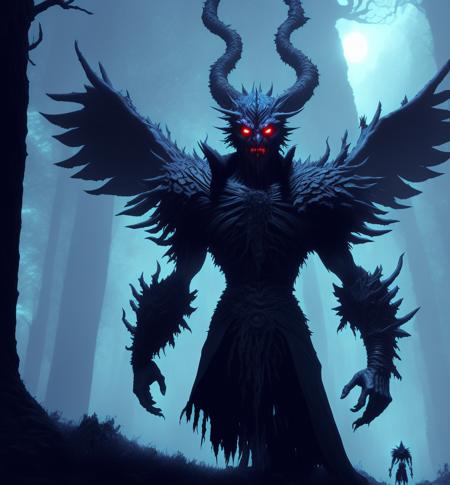 a demonic boss with huge wings standing in a dark forest with red light, bsft