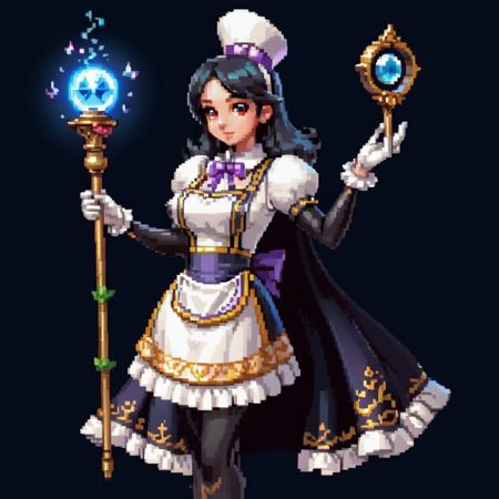 For an image of a cartoon-style video game character: A well-proportioned female magician dressed in a maid outfit, exuding a blend of elegance and mystical charm. She stands confidently, with a staff in hand, showcasing ornate magical symbols. The costume is a blend of classic maid attire and magical elements, featuring frilly apron details and a flowing cape. Her expression is playful yet focused, capturing the essence of a character ready for both service and sorcery. The background is a whimsical, enchanting setting, fitting for a fantasy game world, <lora:pixelgirl2:0.75>