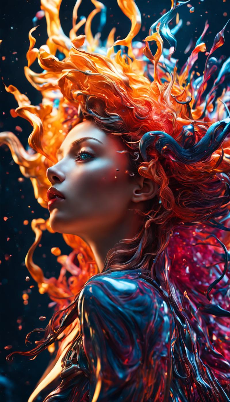 A vibrant and artistic image of a woman with red hair and blue eyes, surrounded by a fire-like scene.