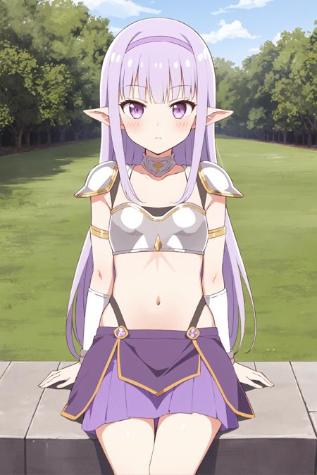 Seiran, 1girl, solo, long hair, purple eyes, pointy ears, blush, bangs,  skirt,navel, closed mouth, collarbone, flower, hairband,  armor, shoulder armor, purple hairband, leggings, outside, park, sfw,