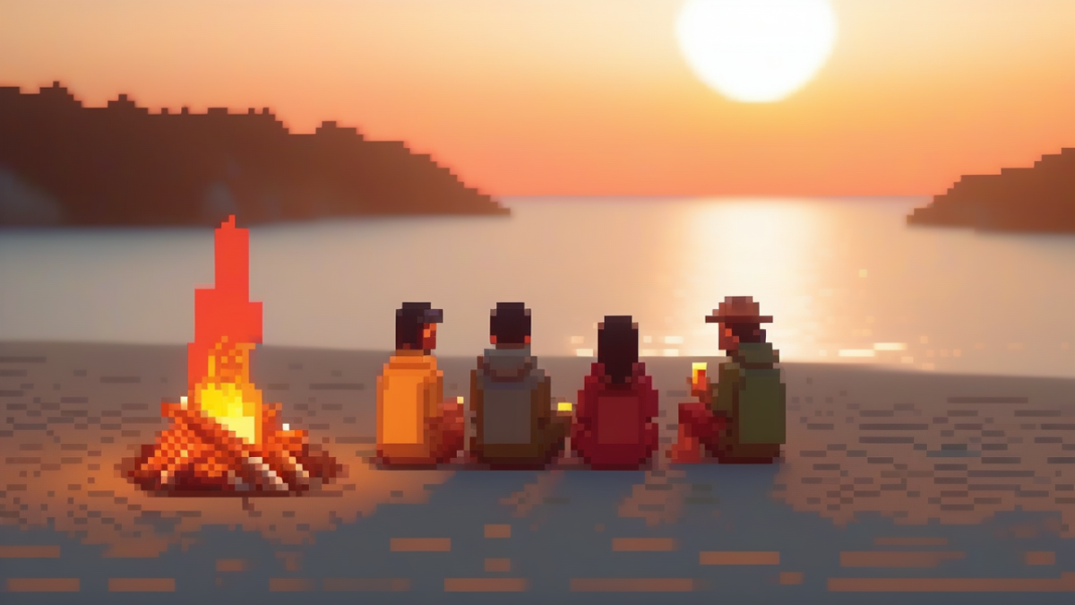 Cartoon image of four people sitting on a beach during sunset.