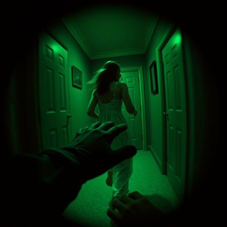 a photograph, green night vision scope style, strong circular vignette, subject is a woman wearing a lacy nightgown running through a dark house, looking back over her shoulder with a panicked and fearful expression, motion blur focus on a subject, close up view, POV a gloved hand reaching for the woman, 1/25 s, f/2.8, 6400 ISO, extreme vignette, 35mm film