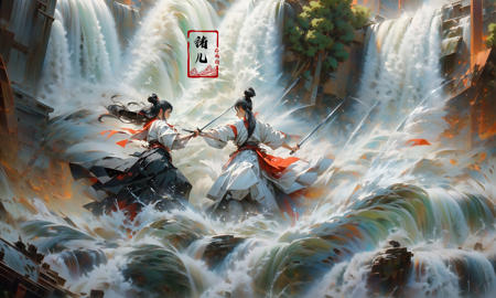 (dramatic, gritty, intense:1.4),masterpiece, best quality, 8k, insane details, intricate details, hyperdetailed, hyper quality, high detail, ultra detailed, Masterpiece,
2girlsholding weaponholding swordduelbattlemidairsingle hair bunblack hairlong hairhair bunlooking at another
outdoorswaterfallwater in the flowingwavessplashingHanfu(Real waterRealistic waterflowing water:1.5)ripples
A shot with tension(sky glows red,Visual impact,giving the poster a dynamic and visually striking appearance:1.2),Chinese Zen style,impactful picture,
<lora:~Q?-p^k{eWaterfall:0.7>