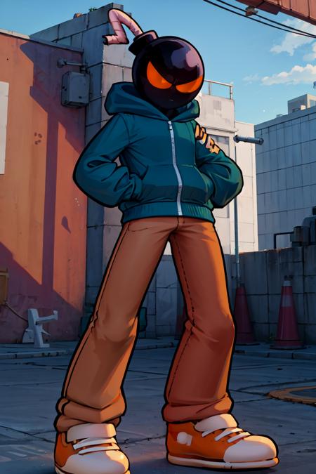 masterpiece, best quality, absurdres, WhittyFNF, bomb head, blue hoodie, orange pants, orange sneakers, hands on hips, outdoors, <lora:WhittyFNF:1>