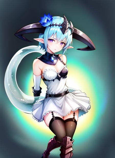 a beautiful masterpiece portrait of a girl holding a weapon and glaring at the viewer, low angle,  1girl, standing, full body, on toes, holding, holding weapon, polearm, ((glaring)),  water drop, 1girl, garter straps, pointy ears, short hair, tail, (dragon tail), (ice tail), (her dragon tail is attached to her lower back), her tail is see-through, see-through transparent tail,  long tail, gauntlets, thighhighs,  short dress, white dress, dress, dragon girl, breasts, boots, blue flower, full body, ice, small breasts, elbow gloves, hair flower, hair between eyes, strapless, strapless dress, gloves, flower, purple eyes, bare shoulders, white skirt, headpiece, ((detached collar)),  hair ornament, bangs, thigh boots, knee boots, standing, armored boots, high heel boots, black legwear, circlet, horns, dragon horns,  arm guards, sidelocks, frills, frilled dress, belt, detached sleeves, light blue hair, ((single strap)), asymmetrical breastplate, cardiophylax, armor, black armor over one breast,  [[backless outfit]],  single garter strap, vambraces, tiara, thighhighs under boots,

zettai ryouiki, 

(ultra-detailed,  detailed clothing, intricate clothing, masterpiece,  highres, absurdres, best quality, detailed face, nose, beautiful face, accurate face, realistic face, cute face, stylized, illustration, perfect face,  cygames, realistic eyes, , wide hips, , empty eyes, high quality, realistic, :1.3)


 (detailed eyes, expressive eyes, detailed face, expressive face), nose, 

<lora:FileneLoraOut:1.0>,