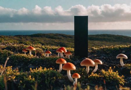 cinematic photo of a rugged coastal landscape. A single giant straight-edged flat rectangular unblemished matte black monolith towers over a field in the centre. Surrounding the monolith are rings of small brightly colored mushrooms with large spots. 35mm photograph, film, bokeh, professional, 4k, highly detailed, spectacular lighting