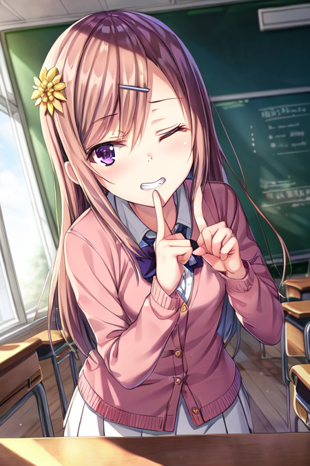 (masterpiece), (high quality:1.2, best quality:1.2), classroom, (upper body), 1girl, solo, solo focus, asahina nazuna, long hair, brown hair, hair ornament, hairclip, purple eyes, school uniform, blue bowtie, pink cardigan, white skirt, one eye closed, teeth, ((finger to mouth)), leaning forward