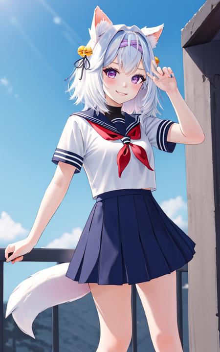 <lora:filian:0.8> masterpiece, best quality, 1girl, solo, filian, purple eyes, white hair, short hair, animal ears, hair bell, hairband, school uniform, blue skirt, tail, smile, looking at viewer