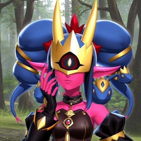 3d video game screenshot of Medusamon, a humanoid with a predominantly pink and black color scheme. She has pink skin, pointy ears,black twintail hair made of snakes, a single red eye and golden mask with with two horns. Each of her snakes has a golden crown on its head. She is wearing a black shirt with detached sleeves and a pendant and fingerless gloves with eyes on the palms. The image is a portrait close up of her face in the style of a 3d game. She is in the woods with one of her hands on her cheek
