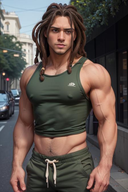 tarzan, tank top, shorts, broad shoulders, green eyes, handsome, beautiful, hot, sexy,  face turned to the viewer, dreadlocks, street, daylight, big biceps, large pectorals, ultra realistic, <lora:tarzan_disney-45:0.65>,