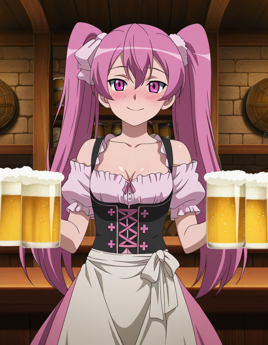 A young woman with long, pink pigtails and pink eyes wearing a traditional German dirndl dress with a white apron, black corset, and pink accents. She is holding four large mugs of frothy beer, smiling warmly. The background features a wooden interior with brick walls, barrels, and shelves, suggesting a cozy, rustic tavern setting.