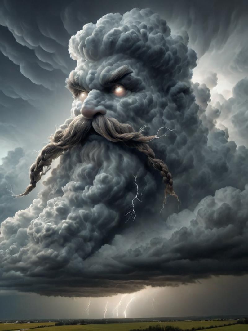 A cloudy and stormy sky with a bearded man's face in the middle.