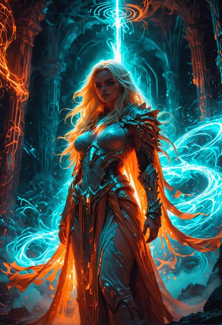A fierce, ethereal female warrior with long, flowing blonde hair and a voluminous cloak and sexy armor stands in a misty, luminous labyrinth.  chiaroscuro, midjourneyv6.1, low-key, Neon Graffiti, Pixel Art, Luminescence, RGB Lighting, Low Angle, Orange Color, Teal Color, Prism Effect, Ceramic, Supernatural, By Garald Brom