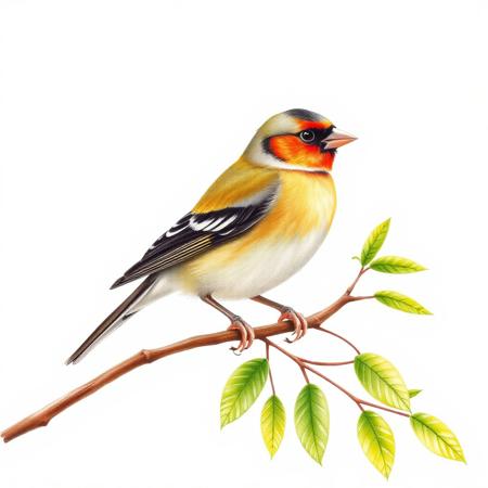 A textbook diagram of a goldfinch, posed on a thin brown branch with green leaves. Illustration in colored pencil.