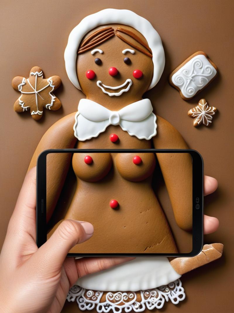 A person taking a photo of a naked gingerbread woman with a cell phone.