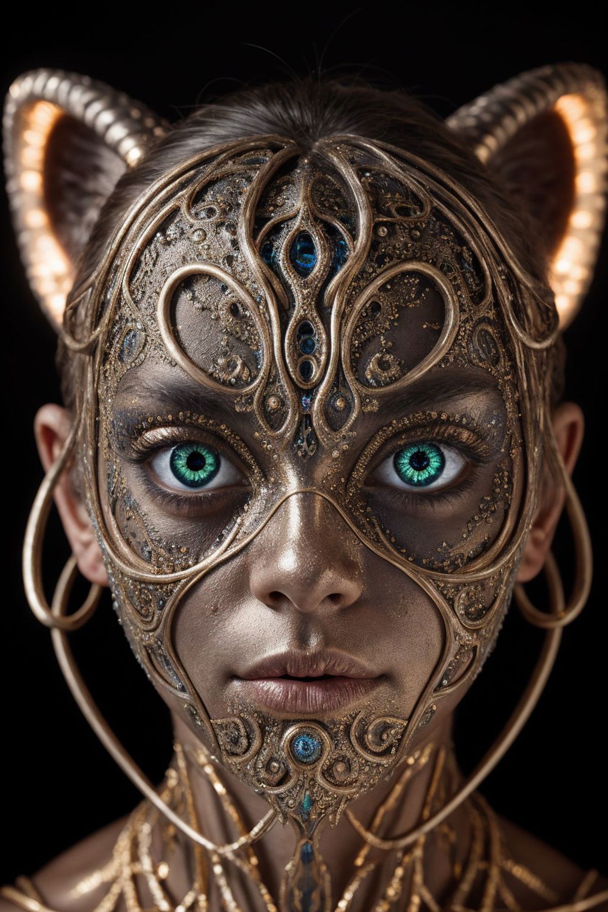 A woman with blue eyes wearing a gold and silver mask.