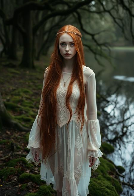 A beautiful woman with pale skin, very long auburn hair, thing gold metal hairband, white see-through dress embroidered with thin gold threads, long sleeves, bare foot, oaken woodlands, covered with moss ground, lake, eerie atmosphere, full view