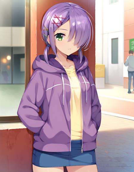 hucdnmi, hucdnmi,short hair, purple hair,hair over one eye,  bangs, hair ornament, green eyes, hairclip, dark skin,small breasts,   score_9, score_8_up, score_7_up, source_anime,