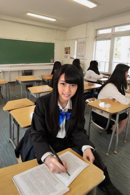 black hair, book, chair, classroom, desk, eraser, holding book, lips, long hair, multiple girls, open book, paper, pen, pencil, reading, realistic, school desk, school uniform, sheet music, sitting