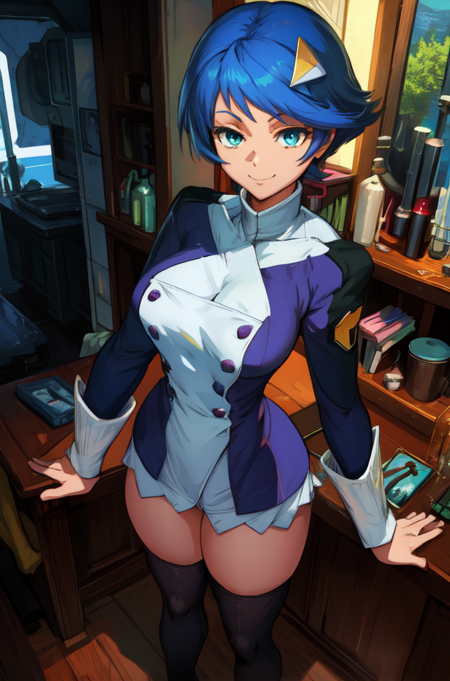 scheris,blue hair,aqua eyes,hair ornament, medium hair, 
uniform,thighhighs,long sleeves,
smile, standing,
science fiction,
(insanely detailed, beautiful detailed face,beautiful detailed eyes, masterpiece, best quality),<lora:scheris:0.8>,