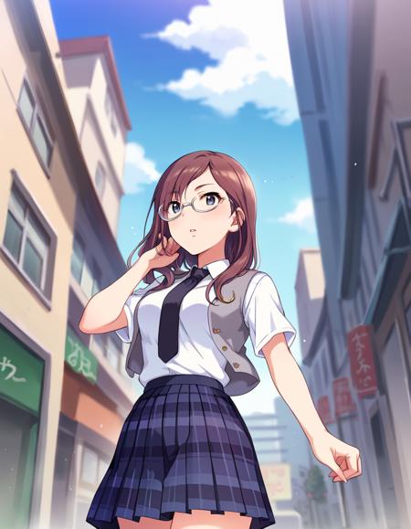 ygmmkn, ygmmkn, long hair, brown hair, bangs, grey eyes, blue eyes, semi-rimless eyewear, under-rim eyewear, grey-framed eyewear, medium breasts, score_9, score_8_up, score_7_up, source_anime,